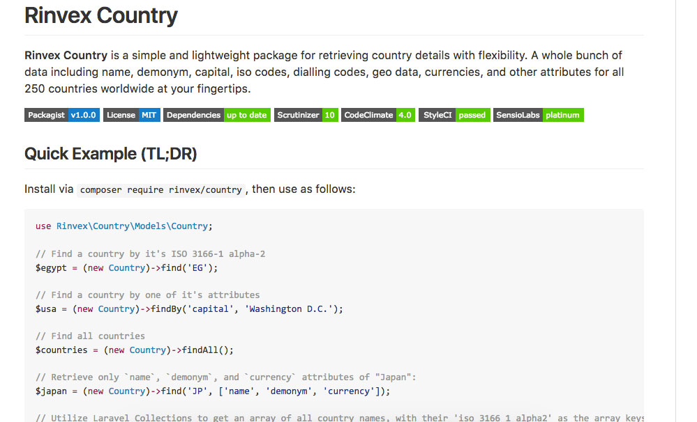 Rinvex Country, libreria PHP per info sulle nazioni del mondo